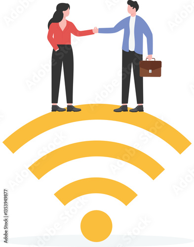 Vector of a young man and woman using smartphones standing by rss symbol

