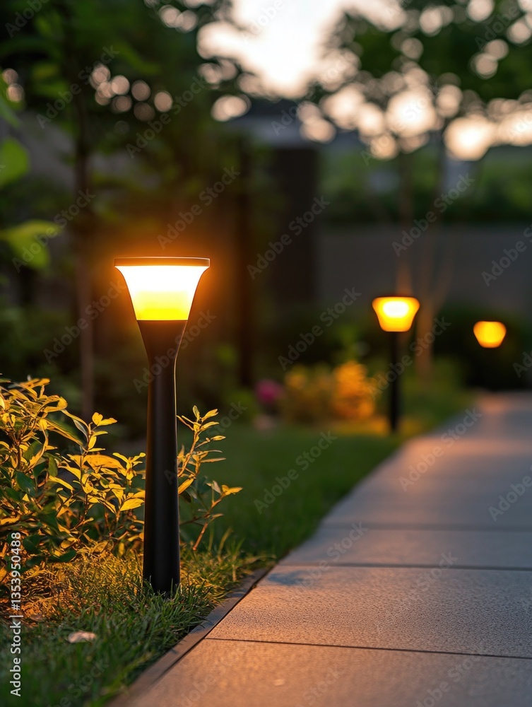 A row of lights along a sidewalk, perfect for urban or nighttime scenes