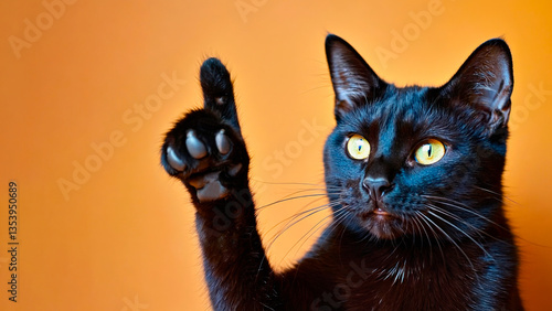 Portrait of black happy cat pointing finger to get attention on isolated orange background.