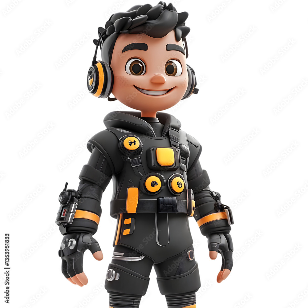 Smiling 3D Cartoon Boy Character in Black and Orange Outfit Smiling 3D Cartoon Boy Character in Black and Orange Outfit