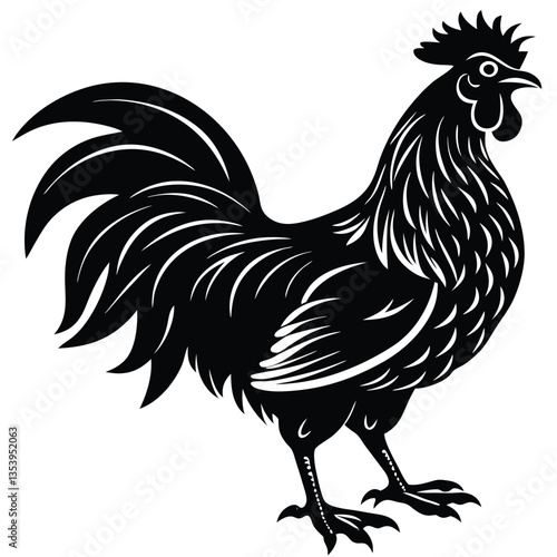 Vector Illustration. Black Silhouette of a rooster design. isolated male chicken on a white background