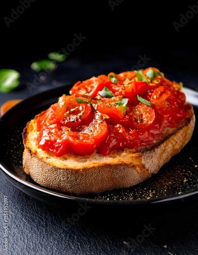 A simple yet delicious Spanish dish, featuring crusty bread topped with fresh tomatoes and a drizzle of olive oil, served on a black plate.