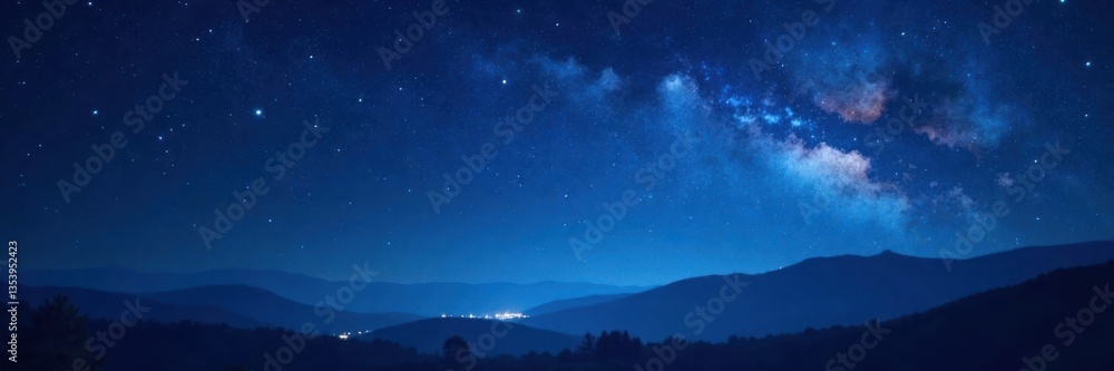 Naklejka premium Dark blue night sky with glittering stars and bokeh, dark, magical