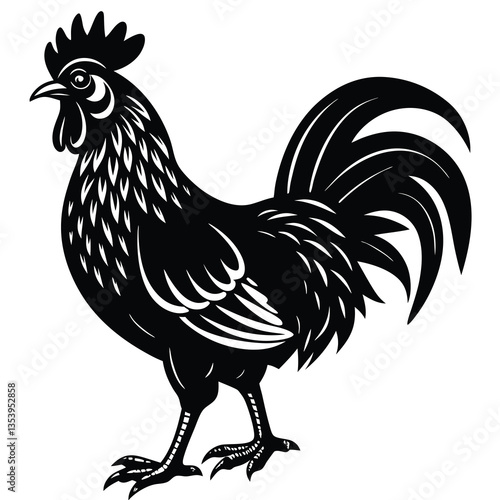 Vector Illustration. Black Silhouette of a rooster design. isolated male chicken on a white background