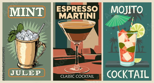 Set of Cocktail retro posters. Classic Espresso Martini, Mint Julep, Mojito cocktails digital print. Popular alcohol drinks. Vintage vector illustration, bar, pub, restaurant, kitchen decor