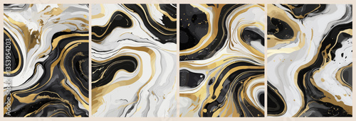 Set of Modern fluid watercolor, white, gold and black marble backgrounds, alcohol ink paintings, elegant card design for birthday invite, wedding, boho wall art. Vector pastel illustrations.	