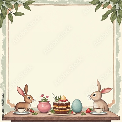 A vintage-inspired Easter brunch invitation with rustic textures, muted pastel tones, and an illustration of a festive brunch table