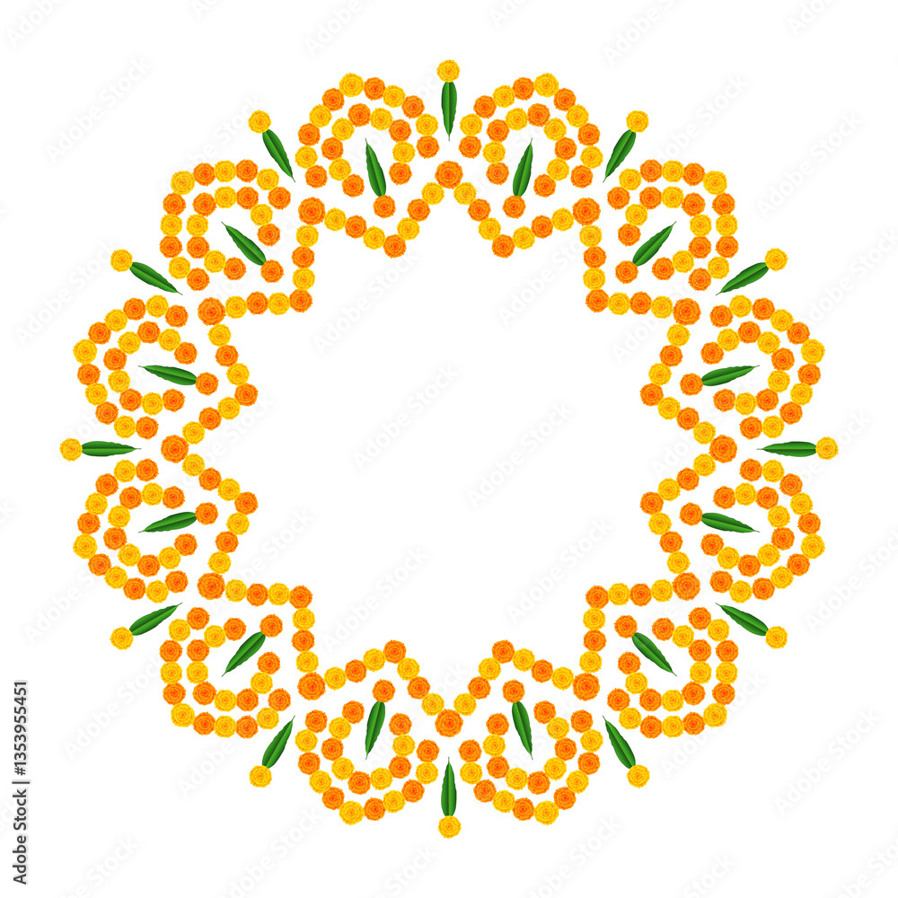 Floral border illustration in Orange, Yellow Marigold & mango leaf Indian Holidays, wedding, celebration Floral border illustration in Orange, Yellow Marigold & mango leaf Indian Holidays, wedding, celebration