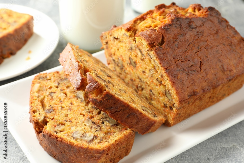 Cut homemade carrot cake with nuts and milk on grey table, closeup Cut homemade carrot cake with nuts and milk on grey table, closeup