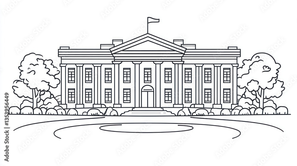 White House Outline Drawing, Landmark, Washington DC, Simple Illustration, Background Trees, Suitable for Education or General Use White House Outline Drawing, Landmark, Washington DC, Simple Illustration, Background Trees, Suitable for Education or General Use