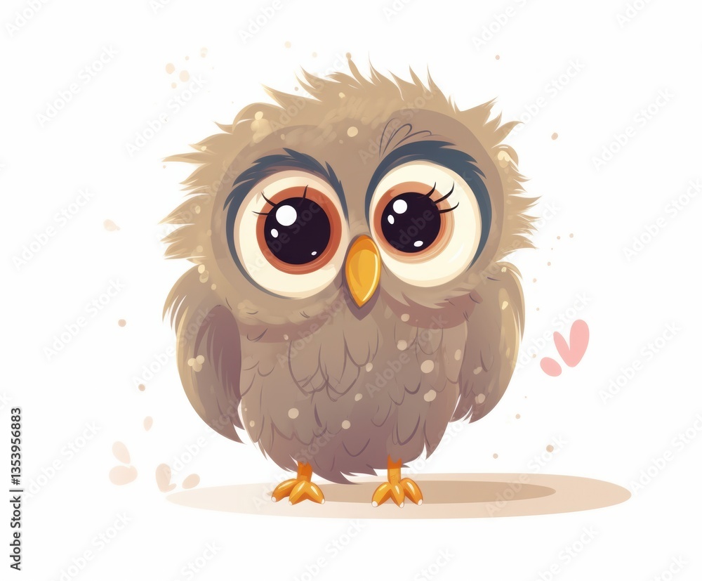 Fototapeta premium Cute Minimalist Cartoon Owl with Glittery Heart Fart on Pure White Background for Nursery Wall Art, Vector, Isolated, Cut Out