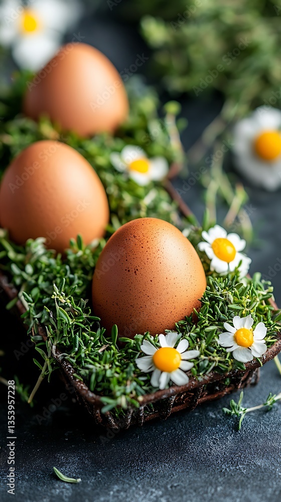 Three brown eggs nestled in a bed of greenery and flowers Three brown eggs nestled in a bed of greenery and flowers