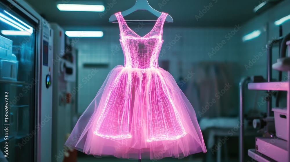 Obraz premium Neon Pink Dress Illuminated with Bright Light Effects and Shimmer