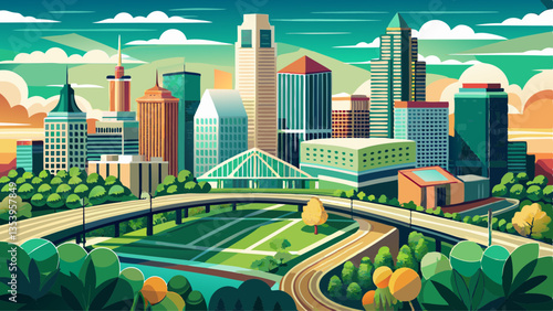 Skyscraper view of downtown Columbus Ohio with green part and driving bridge aerial