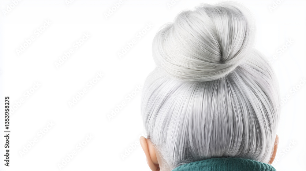 Naklejka premium Promotional Image of a Woman with Platinum Hair Styled into a High Bun, Cool Icy Tones, Fully Isolated, White Background, Generated AI 