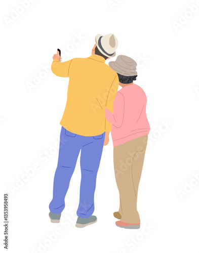 Senior couple tourist Characters, man and woman in summer clothes with hats standing rear view. Concept for Travel and vacation. Cartoon People Vector Illustration isolated