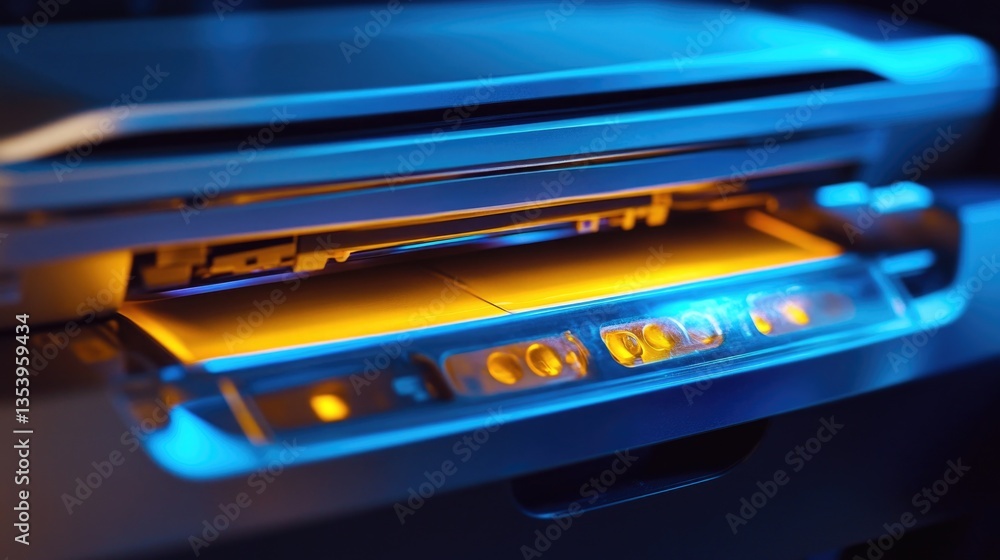 Obraz premium Close-up of a laptop screen with blue light on, suitable for tech and digital themes