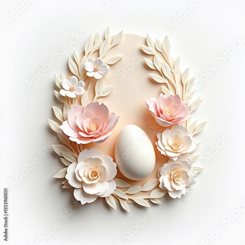 3D layered Easter card with dimensional spring flowers and embossed eggs, soft white background, studio lighting
