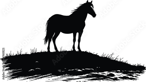Horse on Hill Silhouette Vector - Equestrian Animal Graphic, Black and White Clip Art, EPS for Nature Designs
