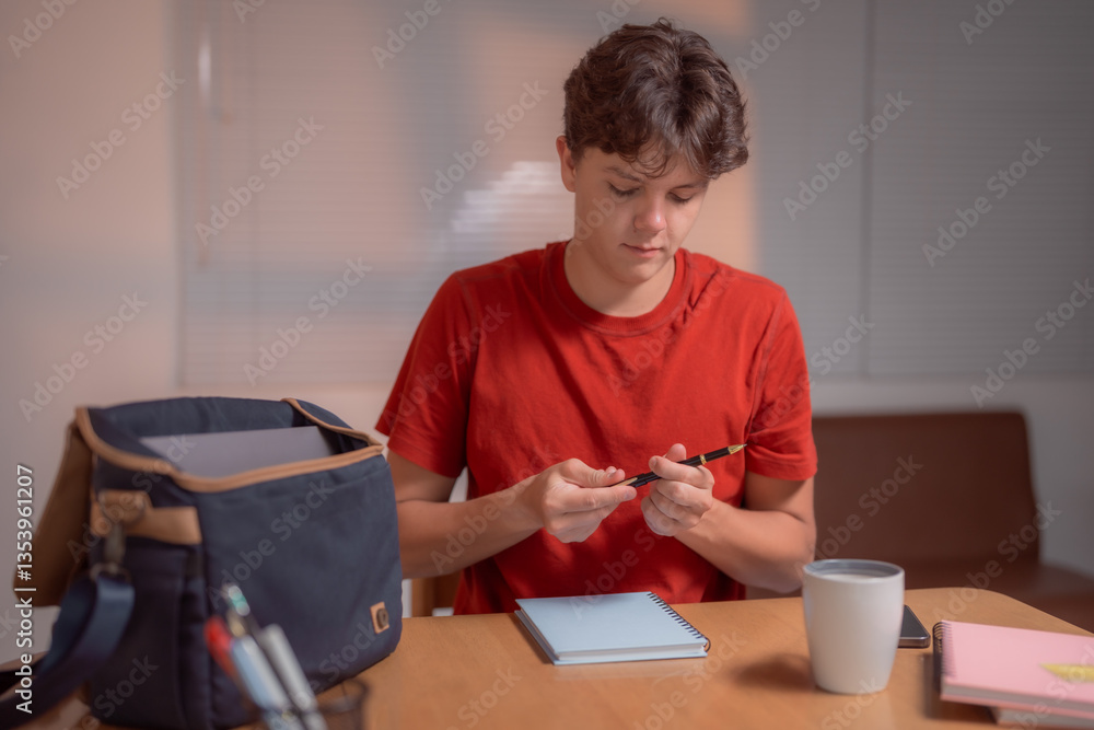Teenager playing with a pen while sitting at a desk with notebooks, laptop, smartphone and a cup of coffee, preparing for exams or doing homework Teenager playing with a pen while sitting at a desk with notebooks, laptop, smartphone and a cup of coffee, preparing for exams or doing homework
