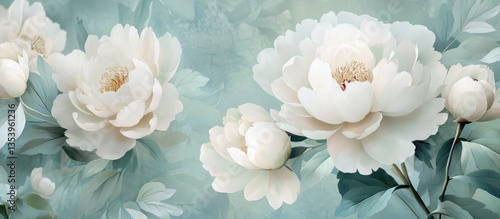 A peony flower mural with mint-colored leaves, creating a soft and elegant design for interior decor. The floral background adds a touch of nature and tranquility, perfect for 