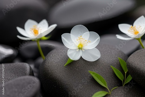 Close-up of a delicate plant growing between black rocks, featuring two transparent see-through glass-like flowers with petal shapes resembling real blossoms. The flowers have a shiny