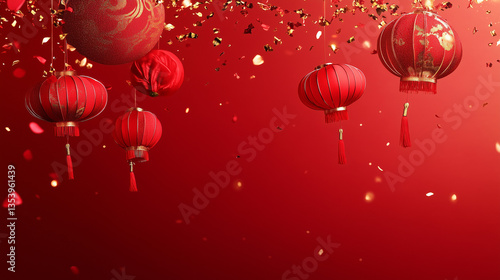 Festive red background with hanging lanterns and golden sparkles evoking celebration and cultural significance