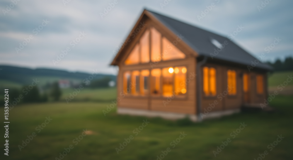 Fototapeta premium Charming Wooden House with Grand Windows and a Soft, Blurred Perspective