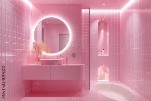 A pink bathroom with soft pink tiles, a matching vanity, and soft lighting to create an elegant and calming space, perfect for relaxation.
