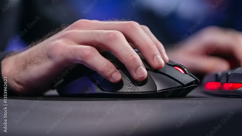 Close-up of a hand gripping a gaming mouse during an intense eSports competition, with blurred background Close-up of a hand gripping a gaming mouse during an intense eSports competition, with blurred background