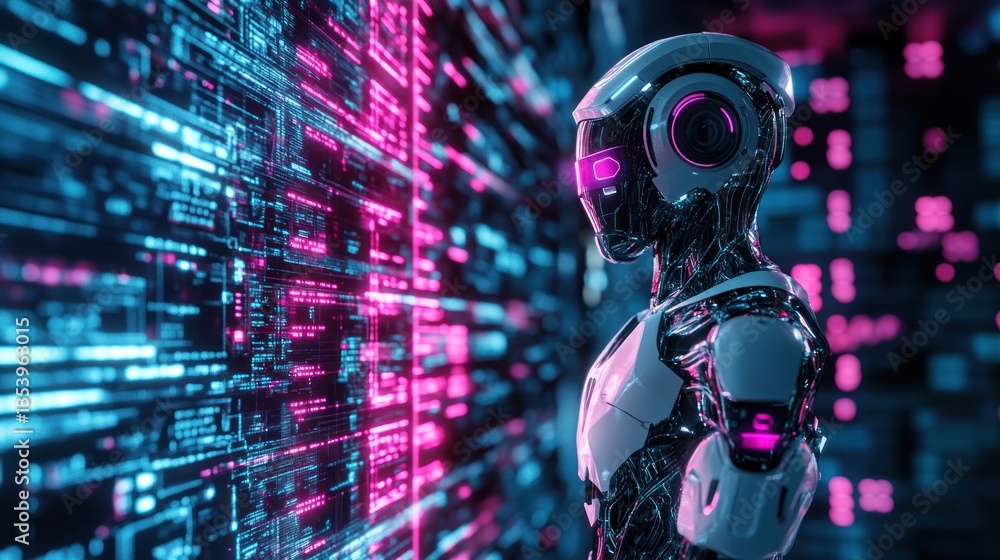 Fototapeta premium Futuristic Cybersecurity: A Robotic Agent Inspecting Digital Infrastructure in Neon Lights