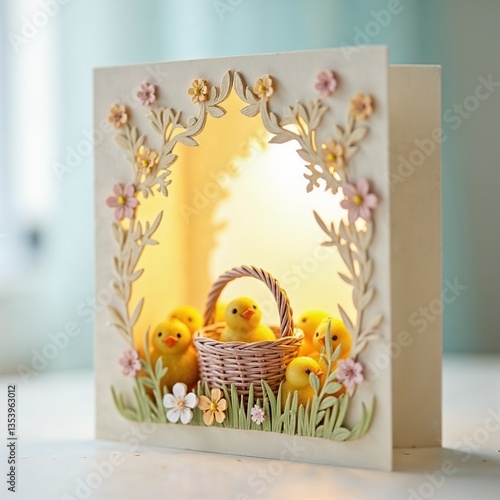 Handcrafted Easter card with raised elements and shadow box effect, decorated with miniature basket and chicks, soft diffused light