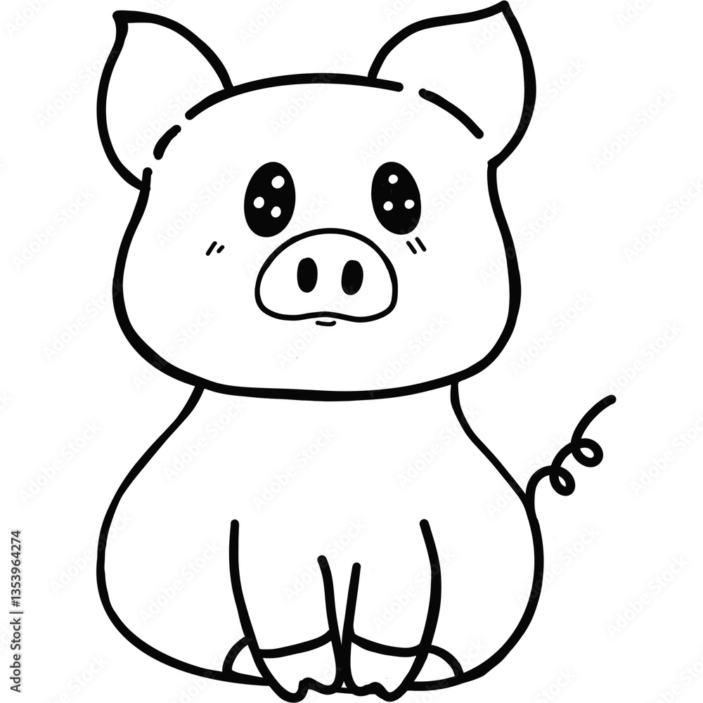 Fototapeta premium Vector illustration of Cute cartoon pig standing and smiling black and white drawing For children to learn to color according to the picture.