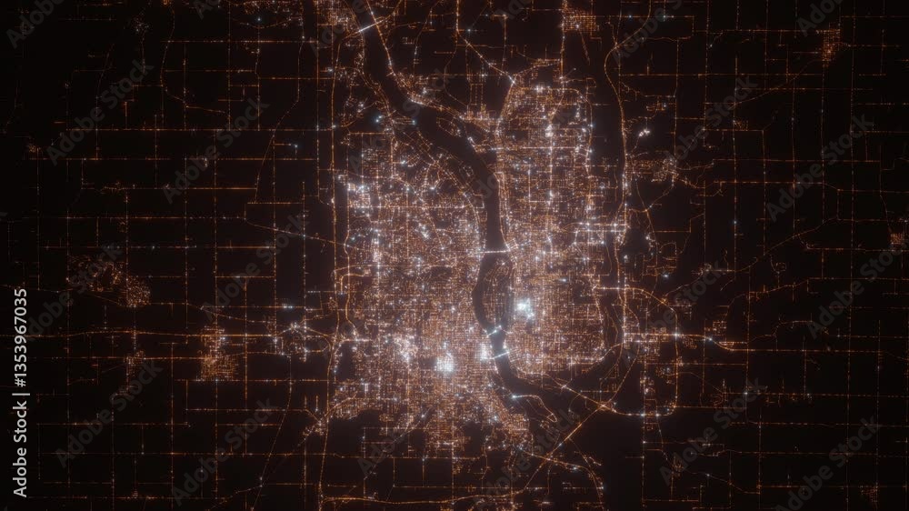 Davenport (Iowa, USA) top view at night. Aerial view on modern city with lights. Camera is flying above the city, moving backward. Vertical video. The north is on the left side Davenport (Iowa, USA) top view at night. Aerial view on modern city with lights. Camera is flying above the city, moving backward. Vertical video. The north is on the left side