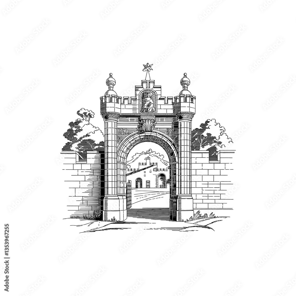 Fototapeta premium medieval gate engraving black and white outline white background vector (3) - Copy [Converted]