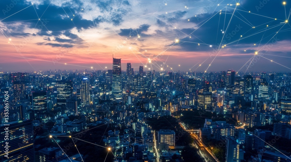 Fototapeta premium Wireless communication media networking connectivity technology concept, smart cityscape on world hologram simulation on global environment tech development changes time goals, banner blue background