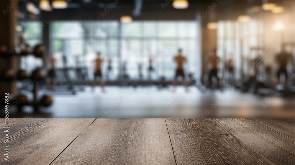 Obraz premium Empty brown wooden table top on blurred background of fitness gym,Young People group of women and men doing sport,interior of new modern club with equipment