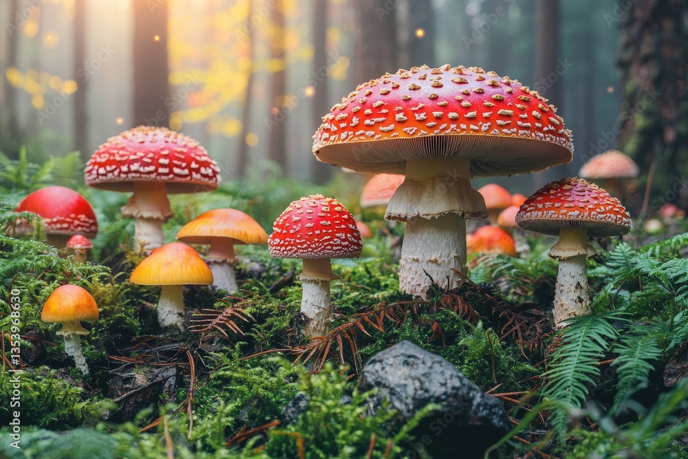 Fototapeta premium Red-spotted mushrooms grow in the mossy forest with dreamy light filtering through the trees