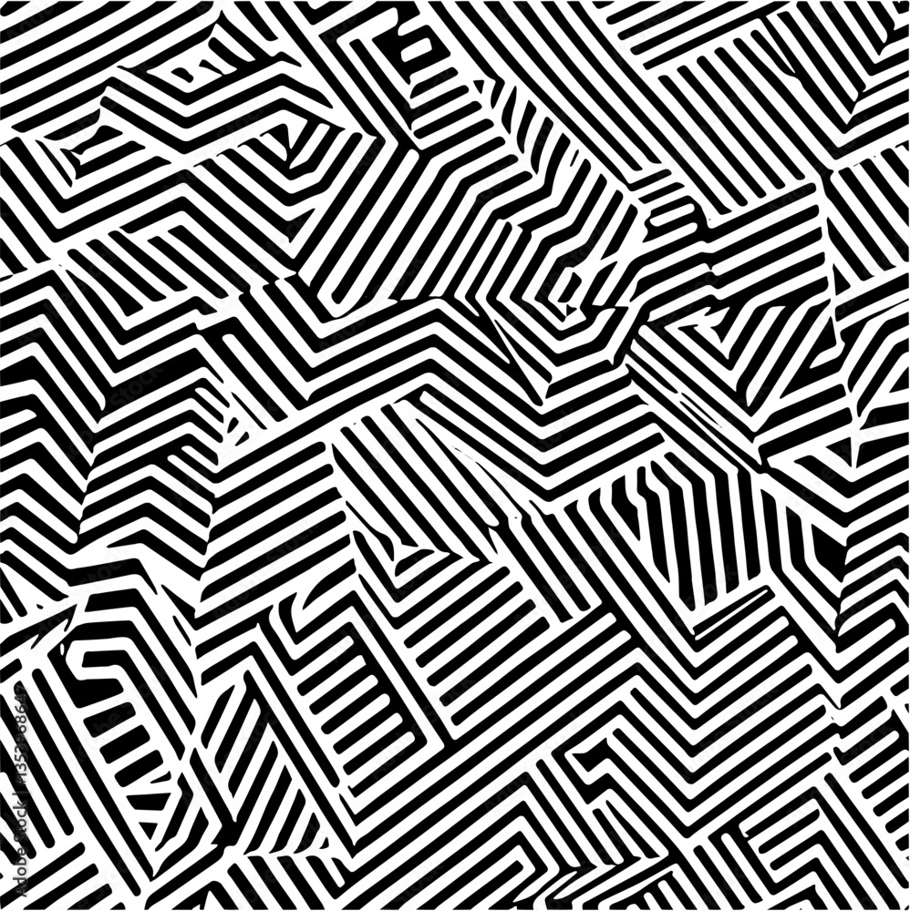 A seamless black and white vector background pattern featuring geometric shapes such as zigzags, hexagons, and triangles, with high contrast and a modern minimalist style A seamless black and white vector background pattern featuring geometric shapes such as zigzags, hexagons, and triangles, with high contrast and a modern minimalist style