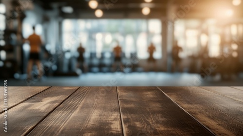 Wallpaper Mural Empty brown wooden table top on blurred background of fitness gym,Young People group of women and men doing sport,interior of new modern club with equipment Torontodigital.ca
