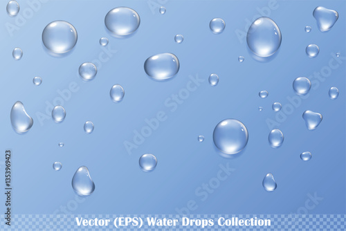 Realistic set of water drops with reflection and shadow, isolated vector (EPS) illustration on transparent background