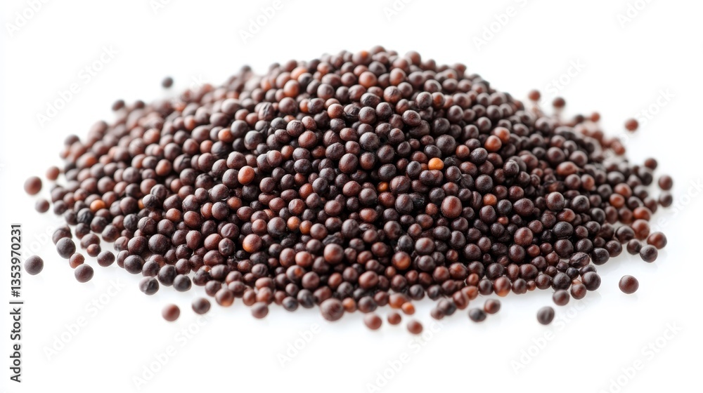Closeup Top View of Brown Mustard Seeds on White Background Closeup Top View of Brown Mustard Seeds on White Background