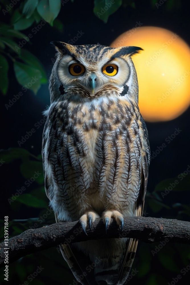 Obraz premium A wise owl perched on a tree branch with a full moon shining brightly in the night sky