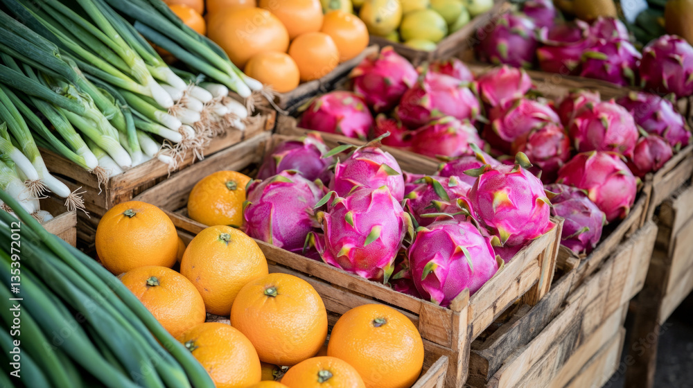 Colorful display of fresh fruits and vegetables at outdoor market stand Colorful display of fresh fruits and vegetables at outdoor market stand