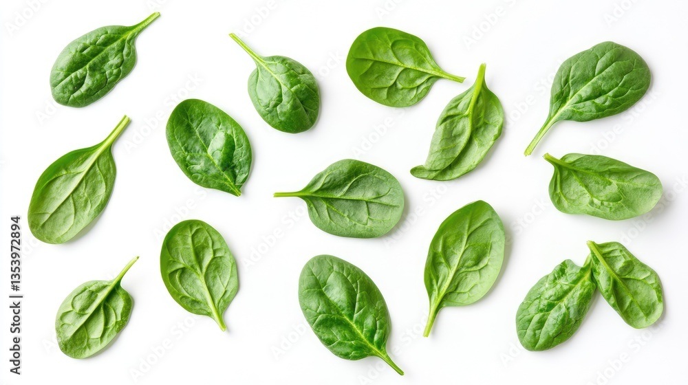 Fresh green spinach leaves arranged artistically on a white background, ideal for culinary or health-related use Fresh green spinach leaves arranged artistically on a white background, ideal for culinary or health-related use