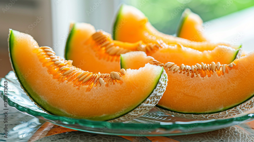 Close-up of sliced cantaloupe melon showing juicy orange flesh and seeds, summer fruit detail with soft lighting Close-up of sliced cantaloupe melon showing juicy orange flesh and seeds, summer fruit detail with soft lighting