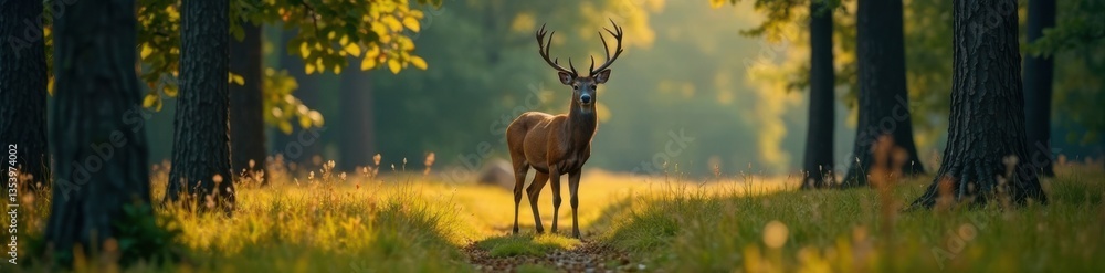 Deer standing in forest clearing, wild deer, animals Deer standing in forest clearing, wild deer, animals
