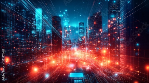 Wallpaper Mural Futuristic smart city structure in space abstract red blue background concept, internet of things wireless network connection communication computer information system service modern future technology Torontodigital.ca