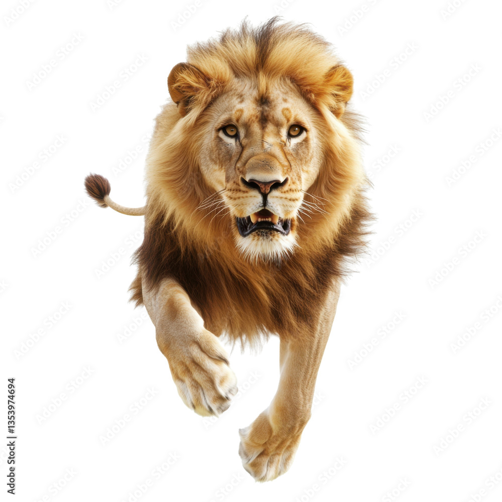Obraz premium Majestic male lion running forward on a transparent background, showcasing power, strength, and the beauty of wildlife Concept of nature, predator, and african wildlife