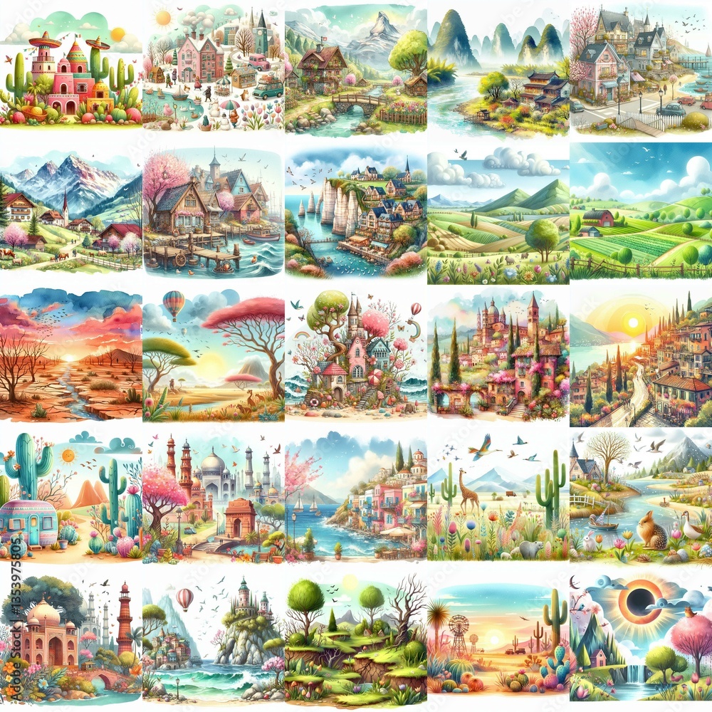 Naklejka premium Quirky Spring landscape. AI generated illustration